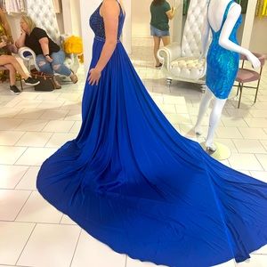 Johnathan Kayne Sapphire Blue Beaded Prom Gown with Long Train